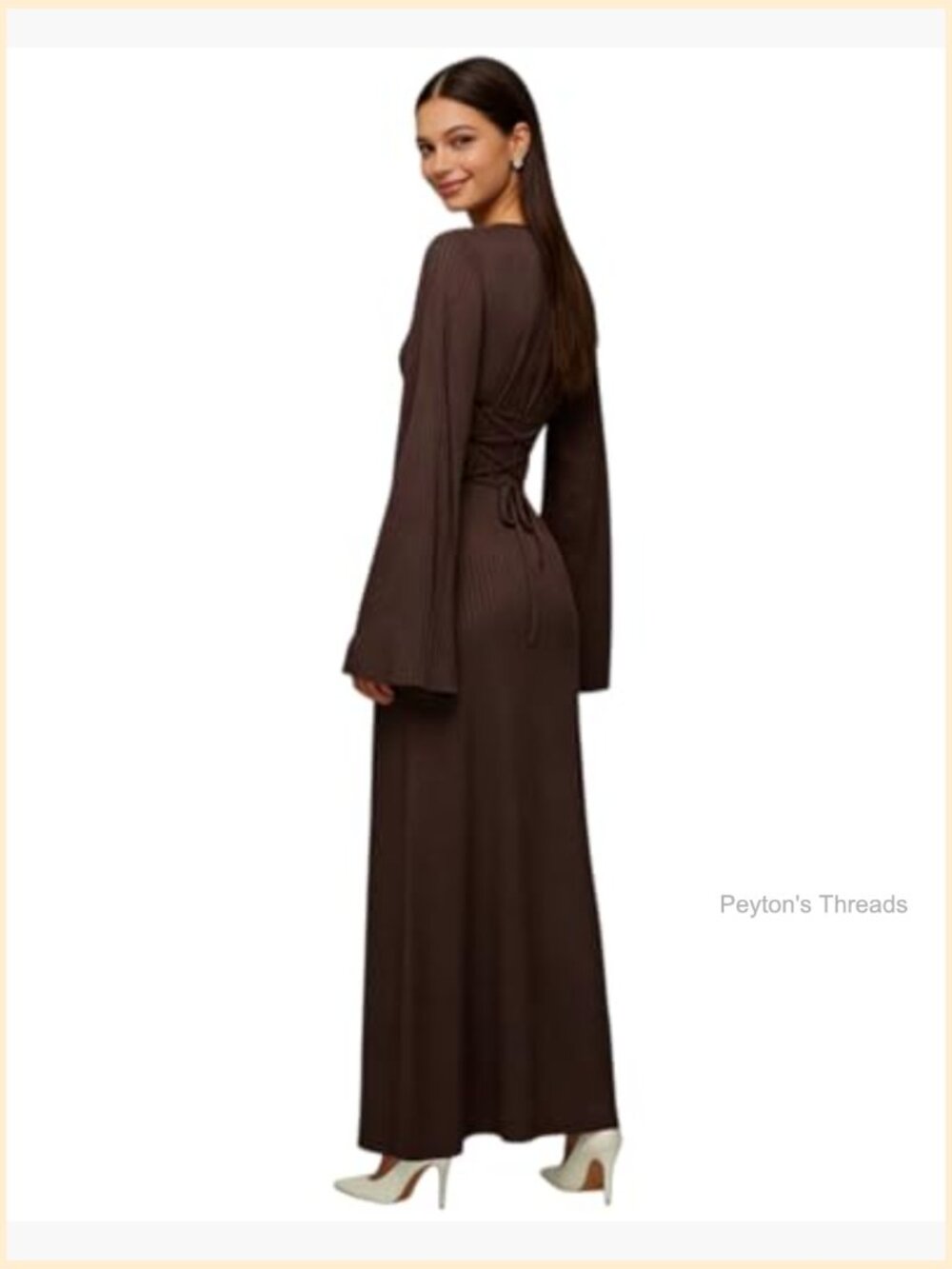 Scoop Neck Lace Up Ribbed Maxi Dress Knit Flare Sleeve Bodycon Long Dress - Picture 5 of 7